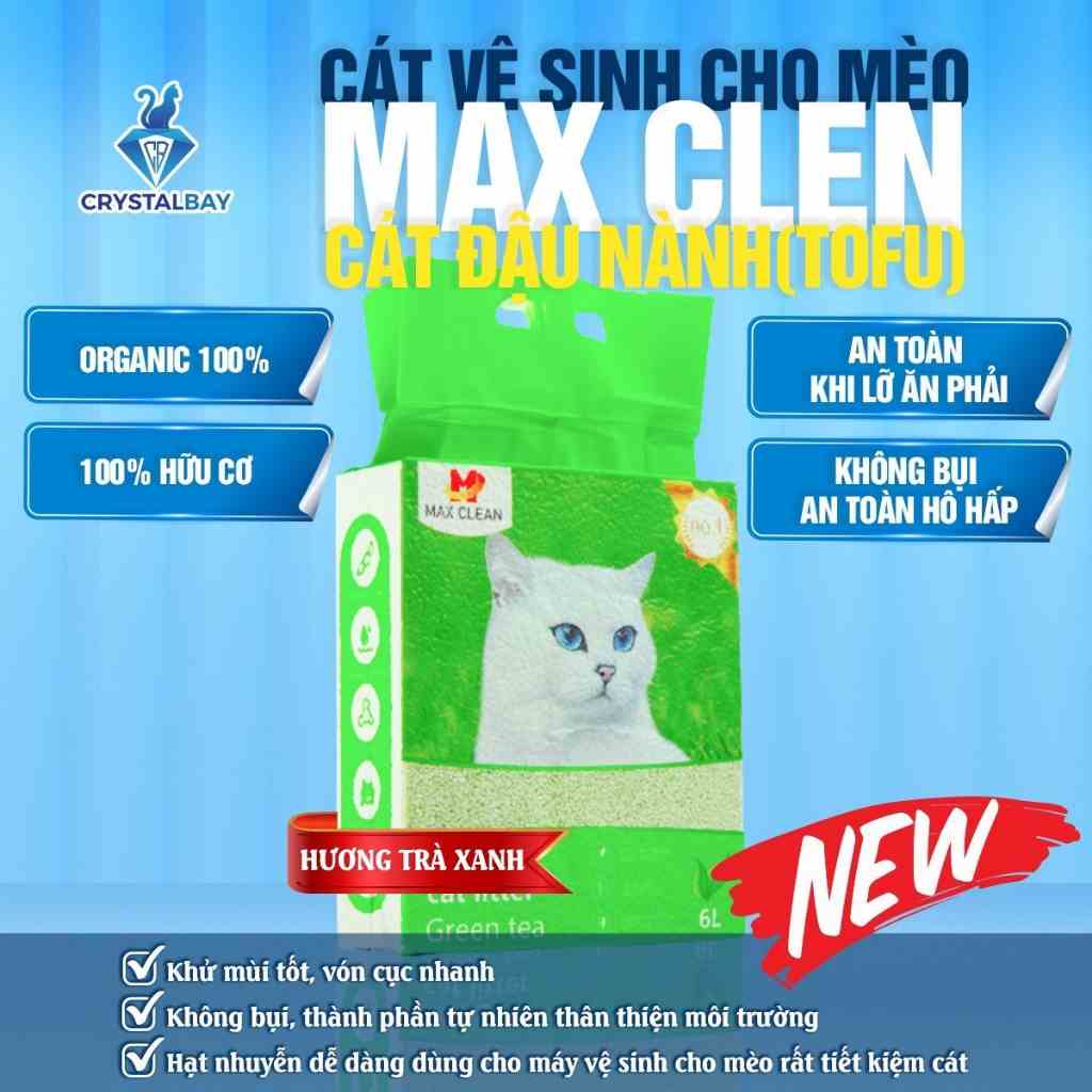 Cát vệ sinh cho mèo Max Clean, Cát đậu nành mùi trà xanh hạt nhuyễn 2,5 kg 6 lít - Crystal Bay