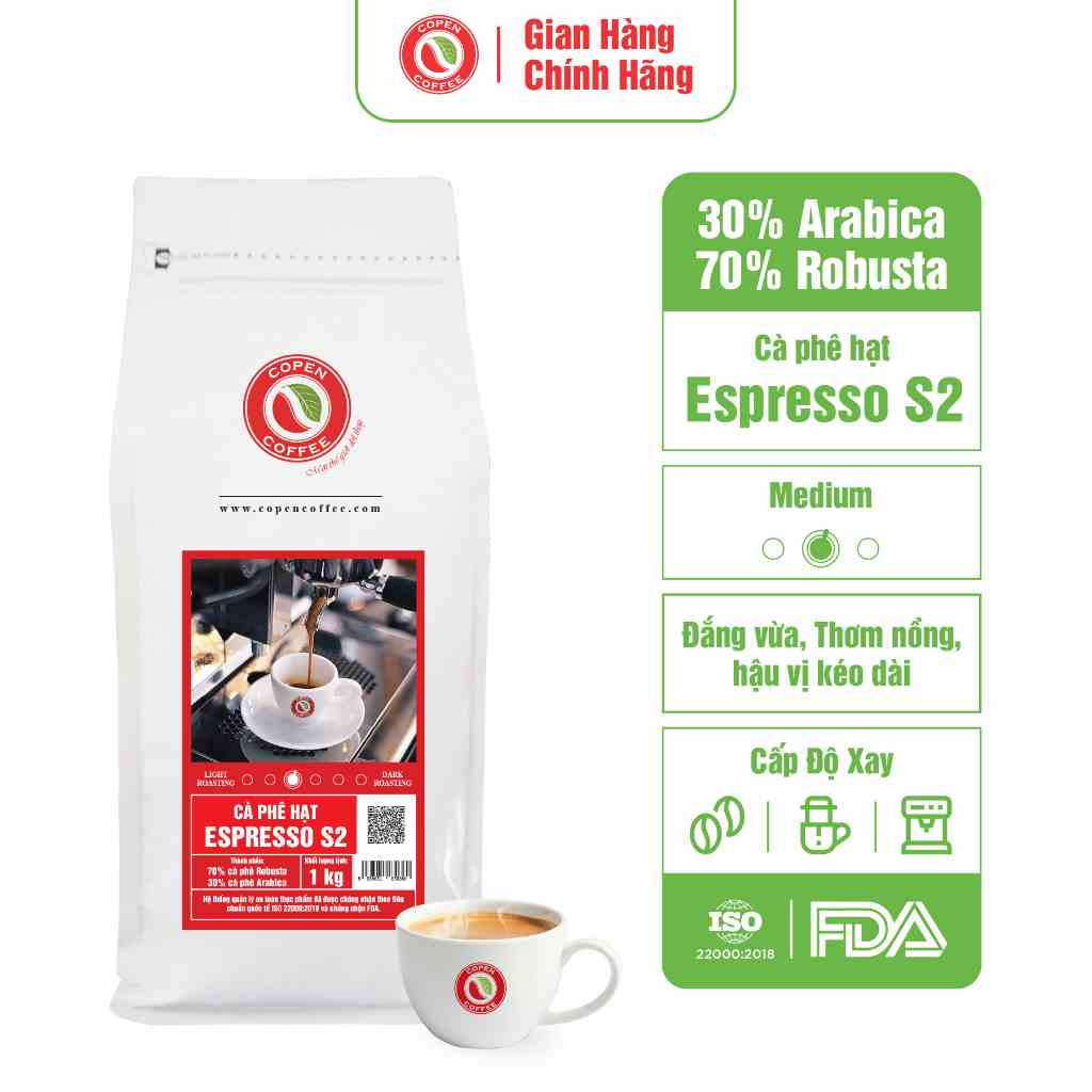 Cà phê hạt Espresso S2 Copen Coffee - Rang mộc nguyên chất - 30 Arabica mix 70 Robusta - Đắng vừa, thơm nồng - GÓI 1KG