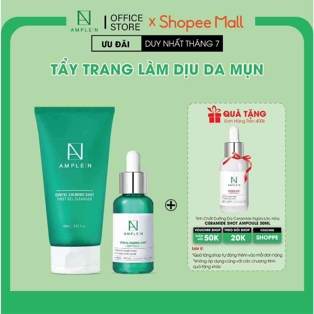 Bộ đôi sản phẩm  AMPLE:N Gel Tẩy Trang Dịu Nhẹ  và Tinh chất rau má cho da nhạy cảm 2 sản phẩm