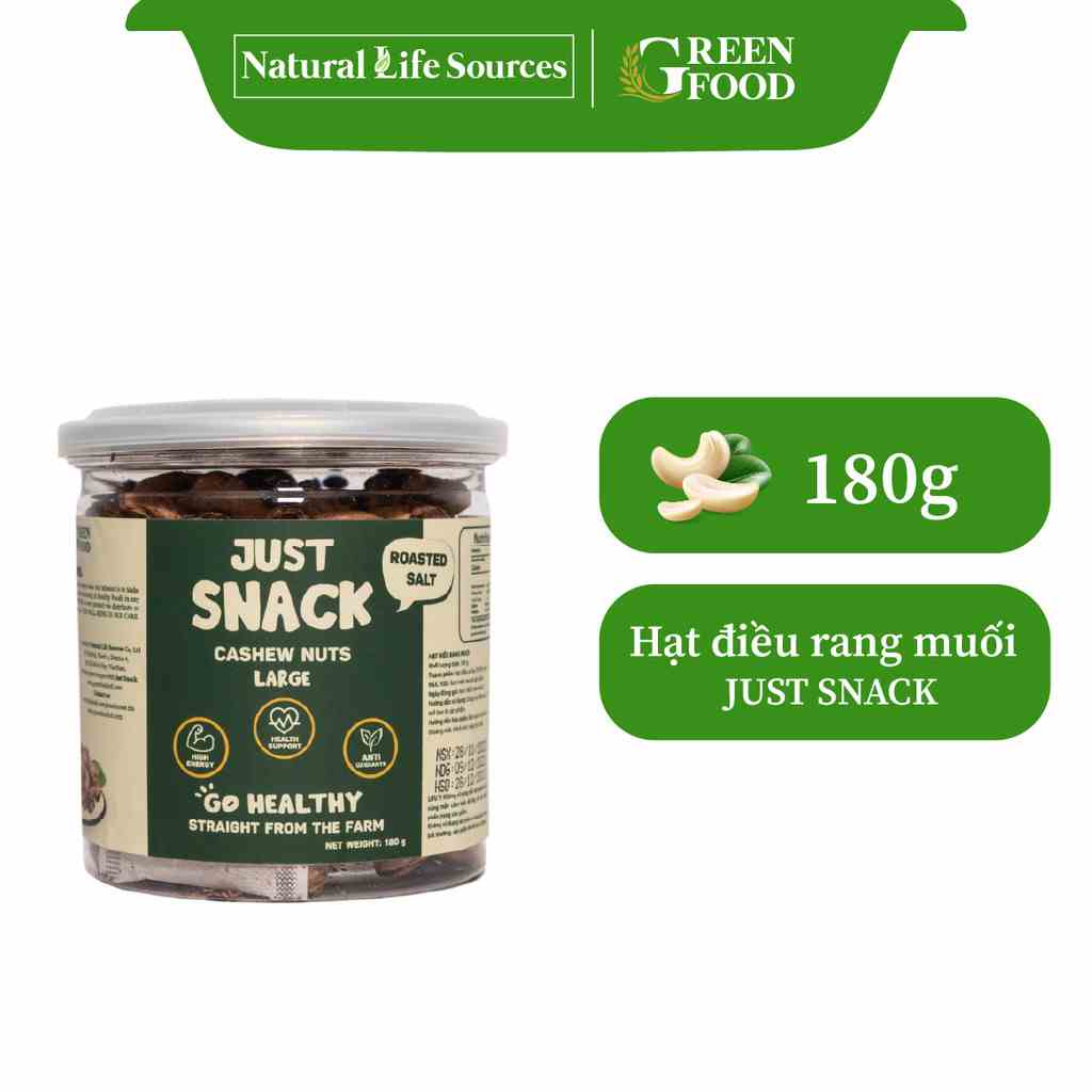 Hạt điều vỏ lụa rang muối Just Snack Green Food kích cỡ to hộp 180g