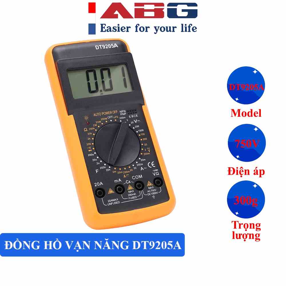 [Mã BMLTB200 giảm đến 100K đơn 499K] Đồng Hồ Đo Điện Vạn Năng Kỹ Thuật Số ABG DT9205A