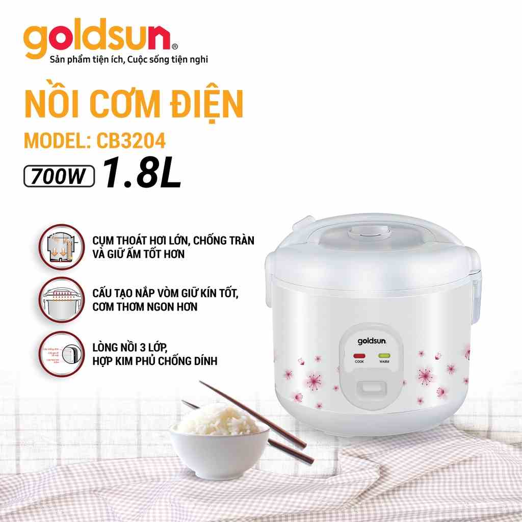 Nồi cơm điện 700W 1,8L cho gia đình 4-6 người- lòng nồi hợp kim nhôm phủ chống dính - thiết kế đáy tổ ong Goldsun CB3204