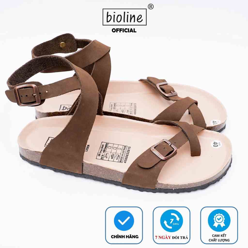 DK16 - Sandal Đế Trấu BIOLINE Official Quai Da Bò Chéo Cổ Chân Xỏ Ngón Lót Pu Kem Chống Nước