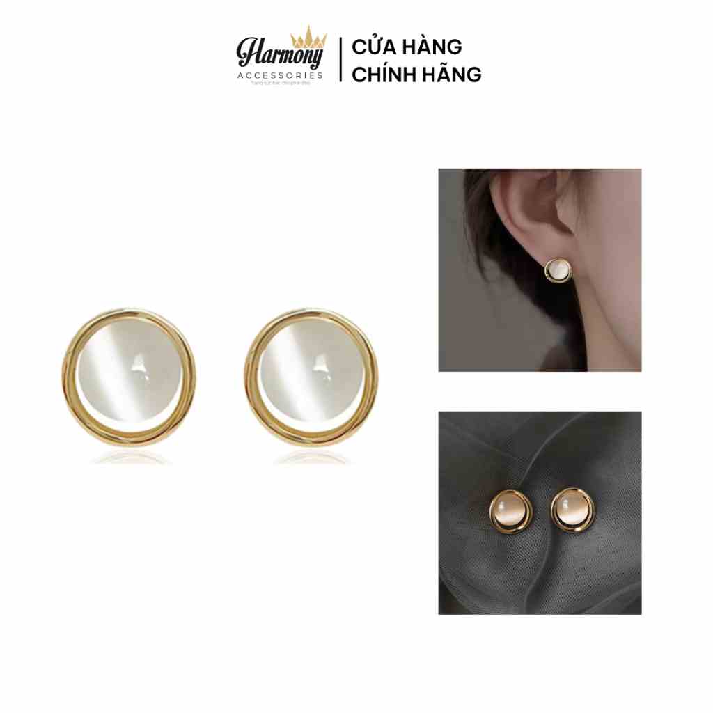 Khuyên tai tròn bạc nữ tính đá mắt mèo viền mạ vàng 14k | HARMONY ACCESSORIES K264