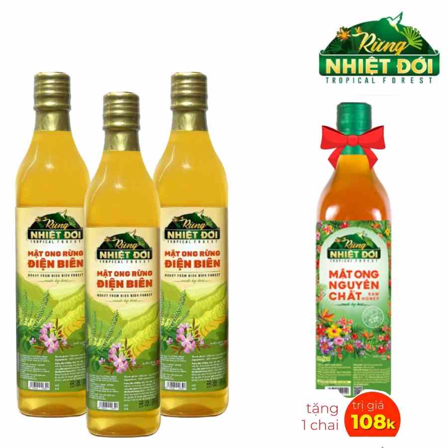 Combo 3 chai Mật ong nguyên chất Rừng Điện Biên 720g/chai tặng 1 chai Mật ong Rừng Nhiệt Đới 700g/chai