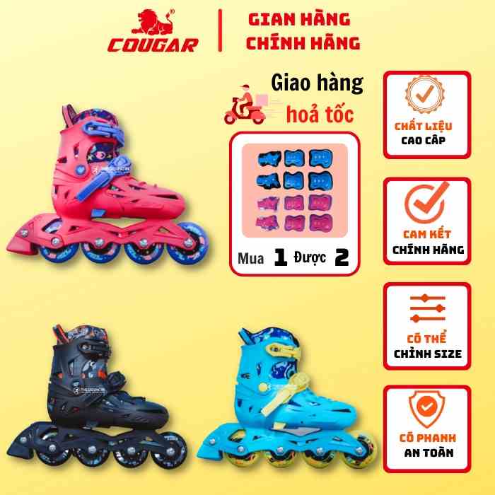 Giày Patin Trẻ Em COUGAR - Flying Eagle NT2, Giày Trượt Patin Form Nhựa Có Thể Tháo Rời Boot, Tặng Kèm Bảo Vệ Tay Chân