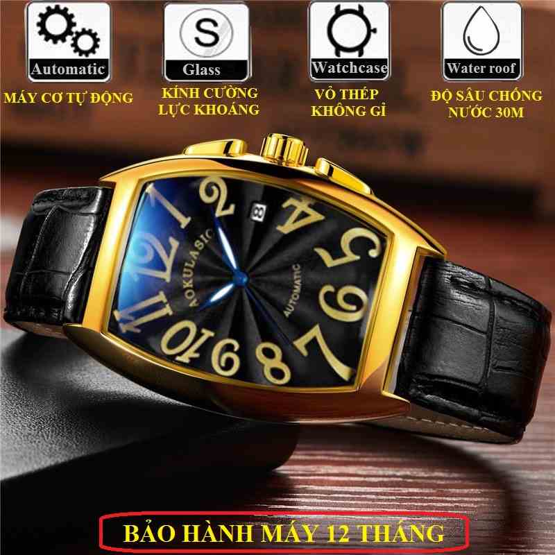 Đồng hồ nam cơ tự động AOKULASIC Automatic dây da cao cấp thiết kế mặt chữ nhật vòm độc đáo AOK89