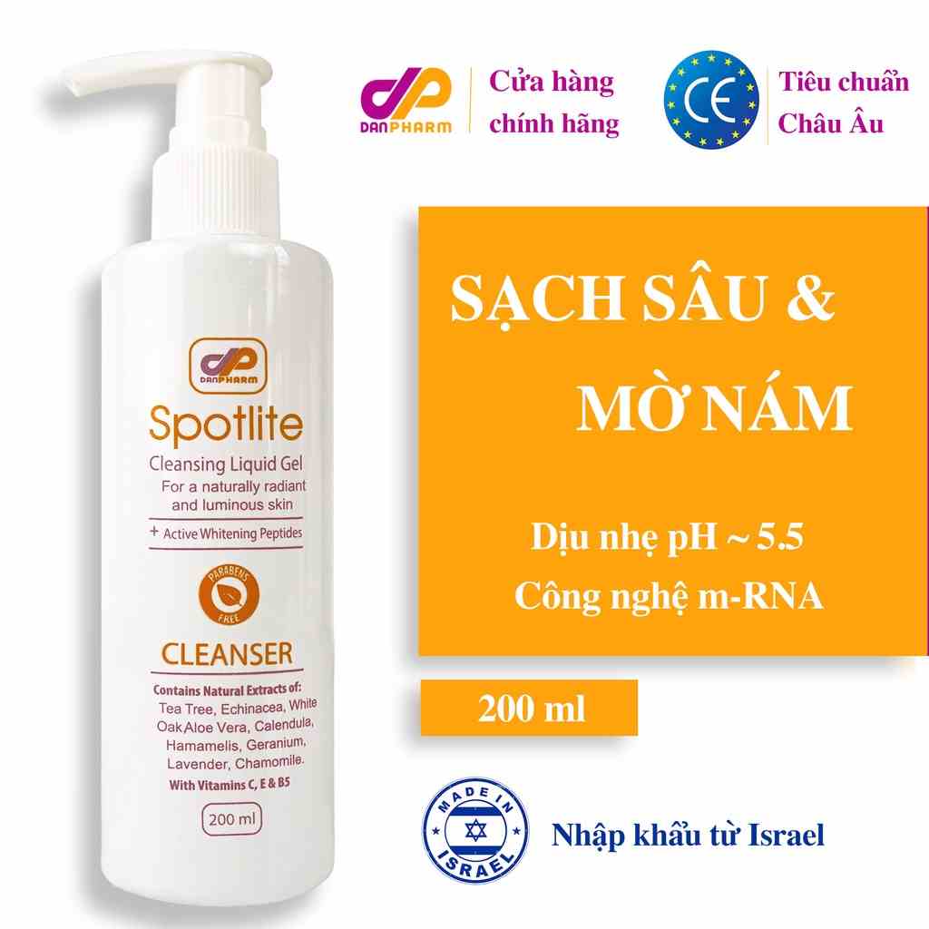 Sữa rửa mặt Spotlite Cleansing Liquid Gel pH~5 Danpharm xuất sứ israel làm trắng da, giảm nám sạm, tàn nhang