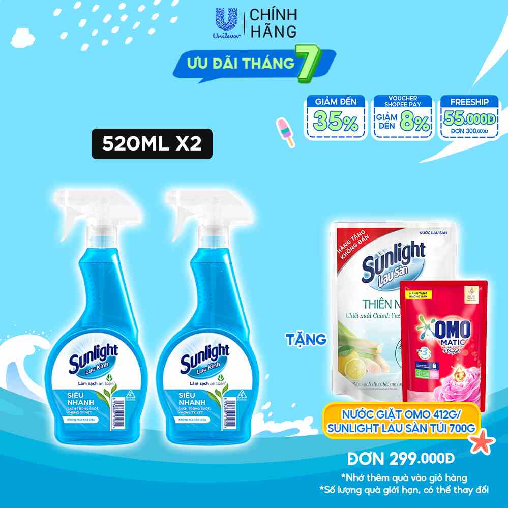 Combo 2 Nước lau kính Sunlight Siêu nhanh|Phiên bản nâng cấp từ Cif|Sạch trong suốt, không tỳ vết|Chai 520ml