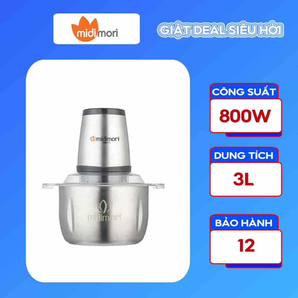 [Mã BMLTB200 giảm đến 100K đơn 499K] Máy xay thịt cối inox 3 lít Midimori MDMR-800 (800W) - Hàng chính hãng