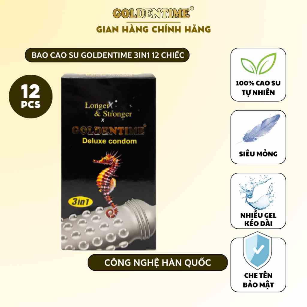 [Mã BMLTB200 giảm đến 100K đơn 499K] Bao cao su GOLDENTIME 3in1 gân gai kéo dài thời gian( hộp 12 bao)