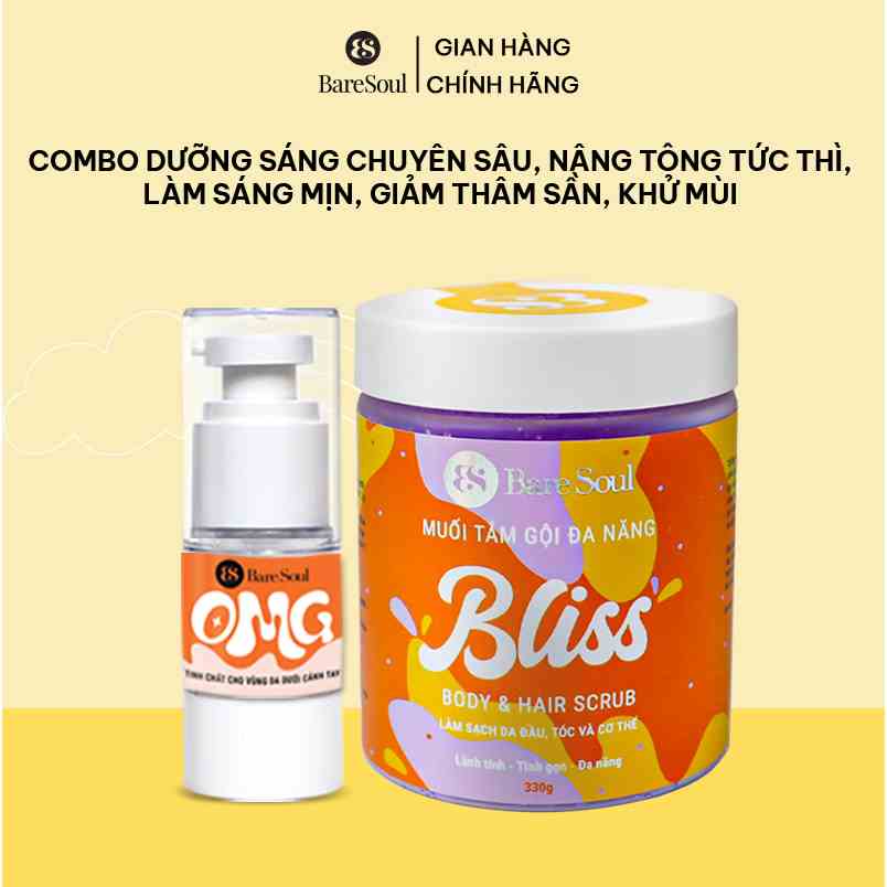 Combo dưỡng sáng chuyên sâu, nâng tông tức thì,làm sáng mịn, giảm thâm sần, khử mùi BareSoul OMG 20g + BLISS 250g