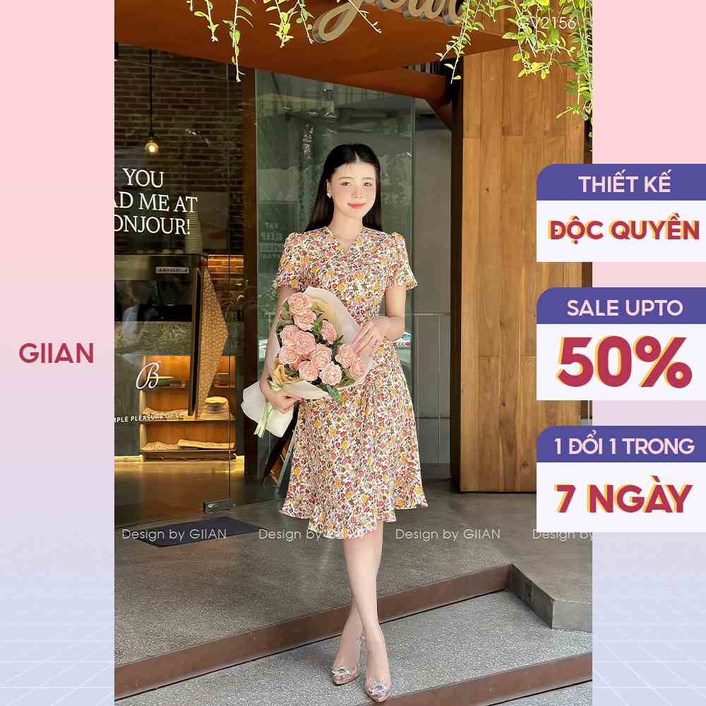 Váy hoa nhí dáng dài tay bồng thiết kế cổ v tay bồng cách điệu phối nhún eo thương hiệu Giian - GV2156VA