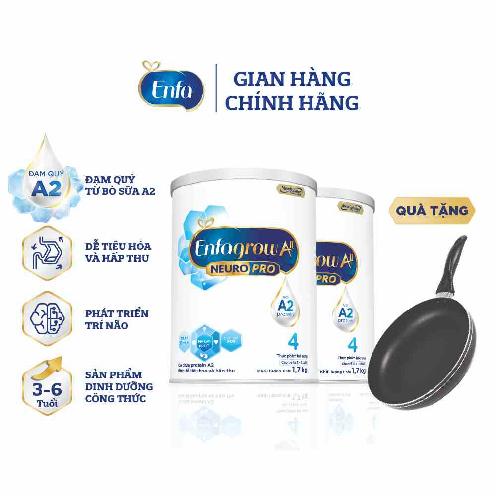 [Tặng chảo chống dính] Bộ 2 lon Sữa bột Enfagrow A+ Neuropro 4 - FL HMO Vị Nhạt Dễ Uống- 1.7kg/lon