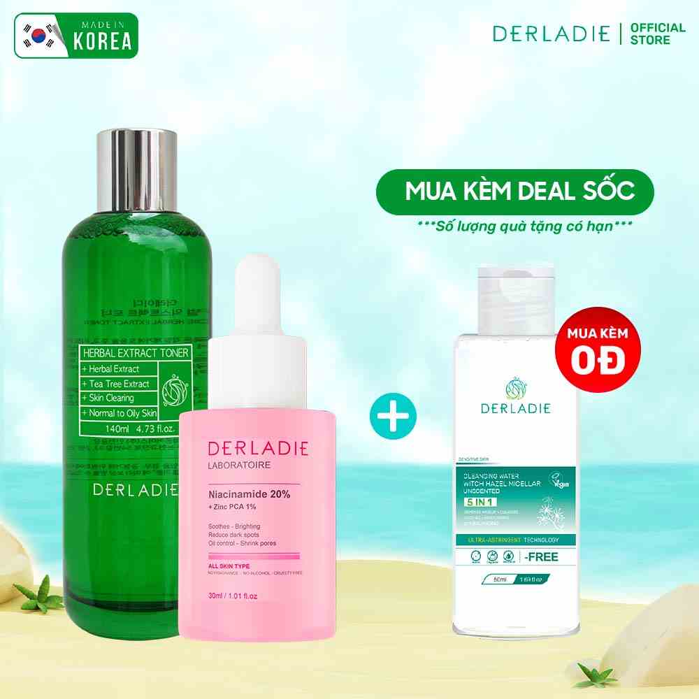 Bộ Đôi Toner Tràm Trà Derladie 140ml, Serum Derladie Laboratoire Pore Tightening Ampoule Niacinamide 20% + Zic PCA 1% 30