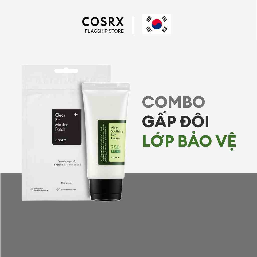 Combo  COSRX Aloe Soothing Sun Cream SPF50+ PA+++ 50ml + Miếng dán mụn COSRX Clear Fit Master Patch