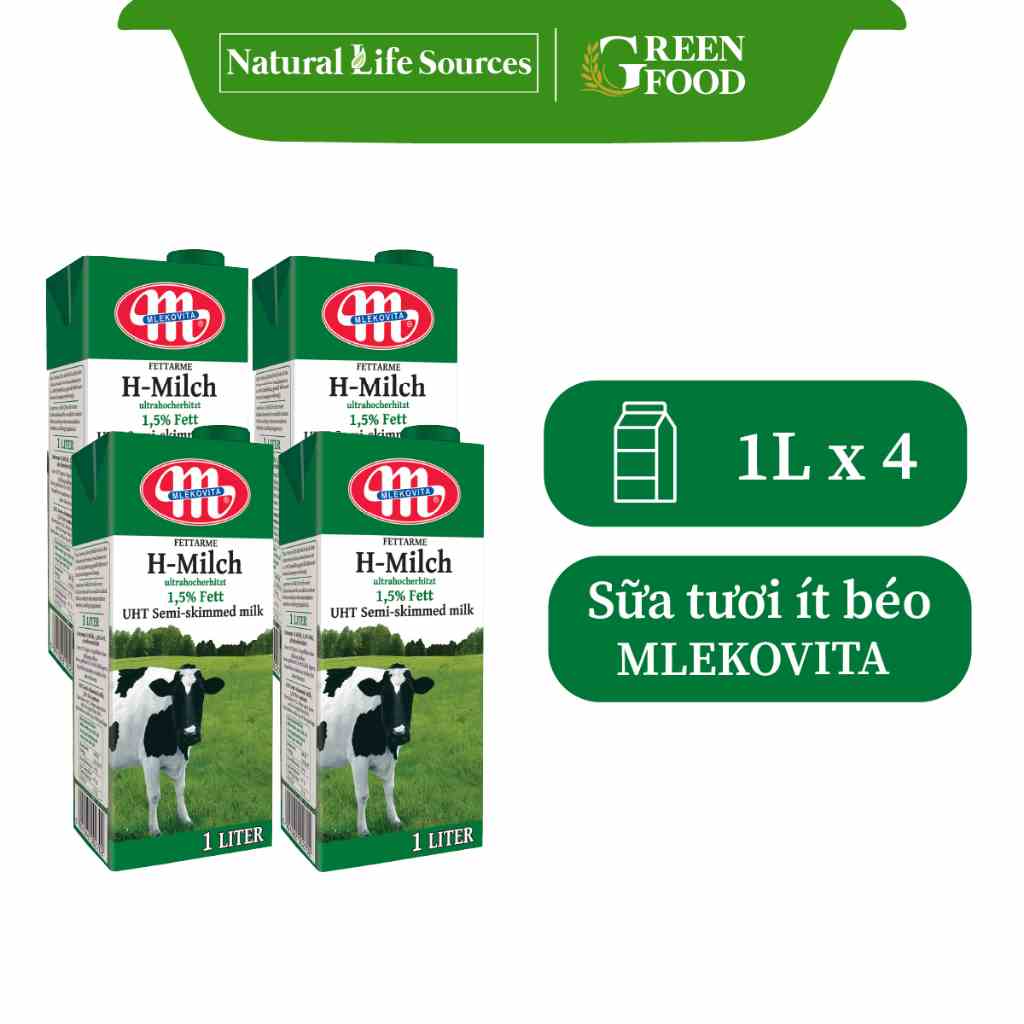 [Combo 4 Hộp] Sữa tươi tiệt trùng Balan Mlekovita ít béo không đường - 1.5% Béo | Hộp 1L - Phù hợp người ăn kiêng