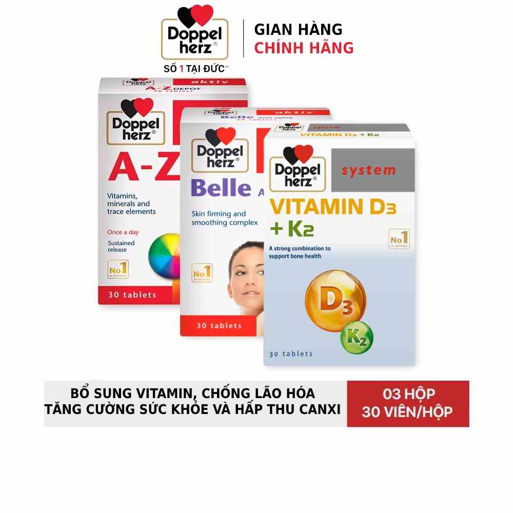 Combo bổ sung vitamin, chống lão hóa, tăng cường sức khỏe  Doppelherz A Z Depot + Anti Aging + Vitamin K2+D3 (03 hộp)