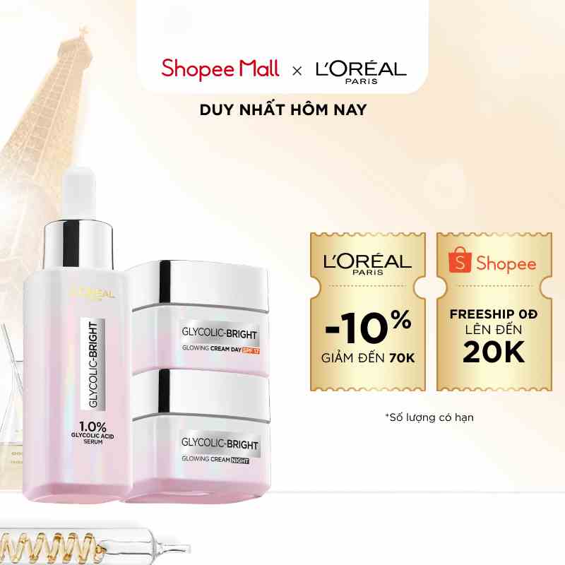 Bộ Serum & Kem ngày & Kem đêm sáng da tức thì Glycolic Bright LOreal Paris