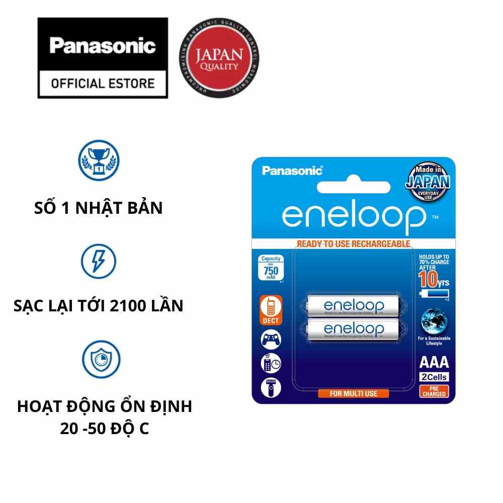 Pin sạc dự phòng NiMH Panasonic eneloop tiêu chuẩn AAA 800mAh - BK-4MCCE2BT2 - Hàng chính hãng (Vỉ 2 viên)