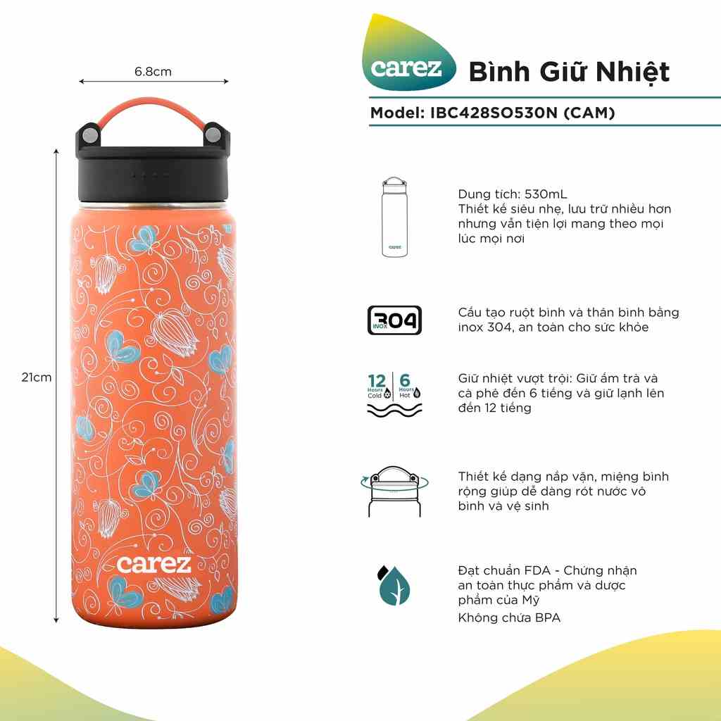 BÌNH GIỮ NHIỆT CAREZ 530ml  IBC428SO530N