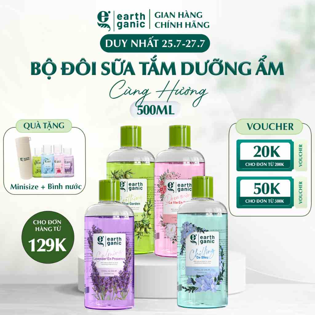 Combo siêu tiết kiệm 500ml - Bộ đôi sữa tắm dưỡng ẩm trắng da Earthganic hương hoa, trắng da thơm lâu