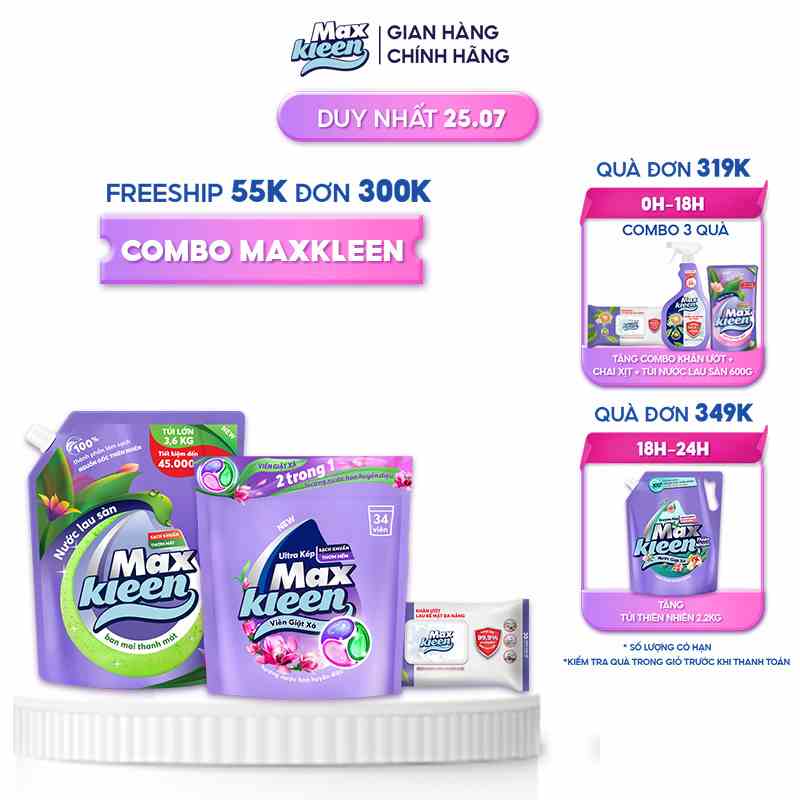 Combo MaxKleen: Túi Lau Sàn 3.6kg Ban Mai Thanh Mát + Túi Viên Giặt Xả Mới + Khăn Ướt Lau Bề Mặt Đa Năng