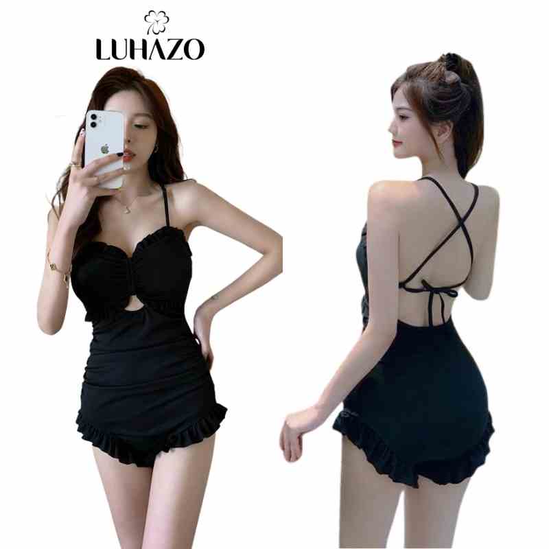 Bikini đi biển LUHAZO 1 mảnh kín đáo liền thân cạp cao sexy hở lưng tiểu thư kiểu Hàn Quốc 0392 DK5T401