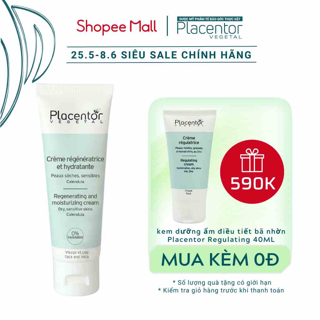 [Mã BMLTA35 giảm đến 35K đơn 99K] Kem dưỡng ẩm và phục hồi da Placentor Regenerating And Moisturizing Cream 40ml