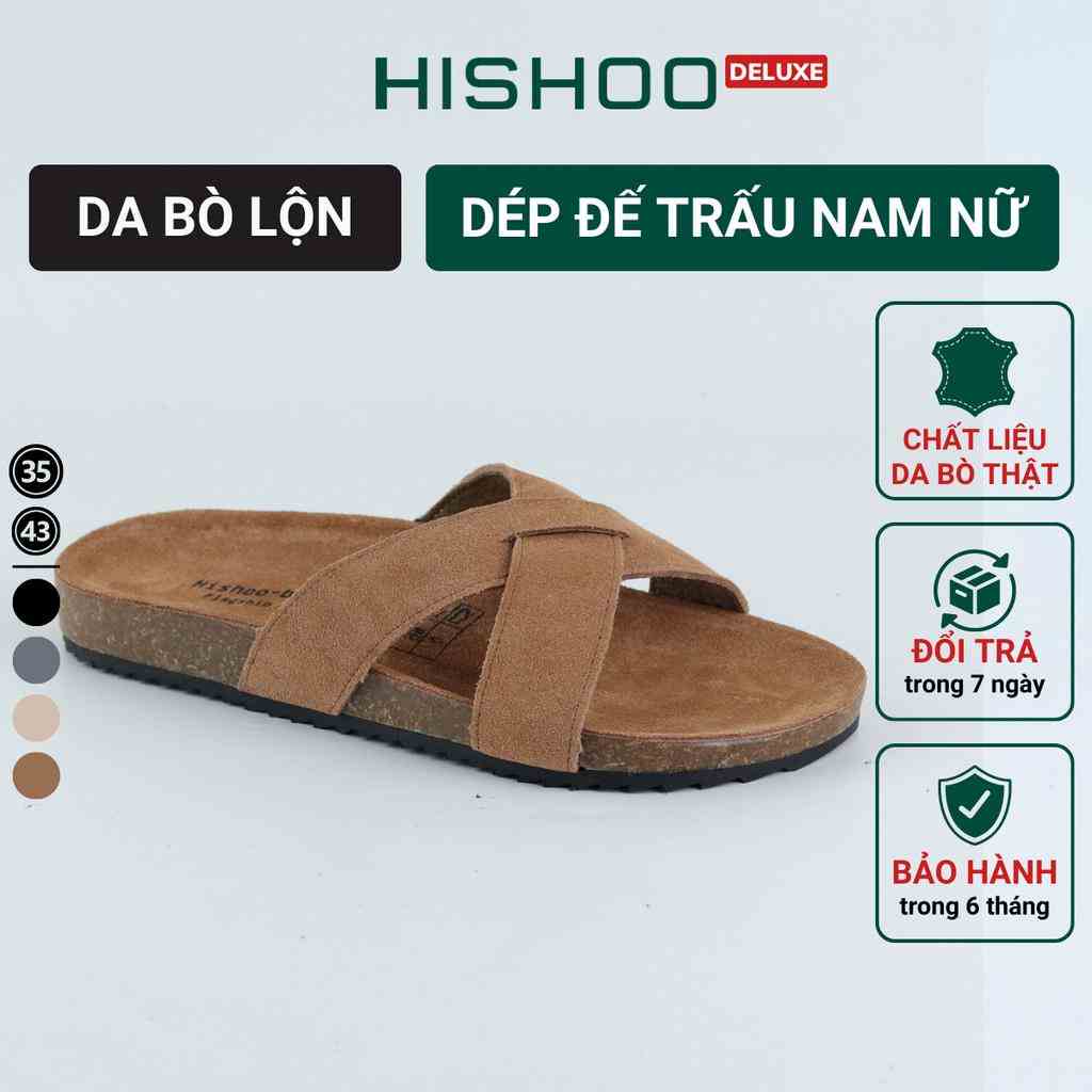 Dép giày đế trấu birken BIGSIZE 35 - 43da bò nam nữ unisex quai ngang chéo chính hãng Hishoo R096