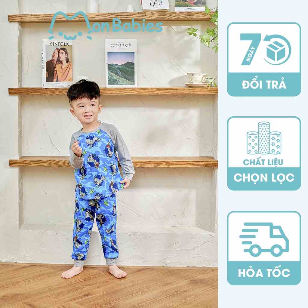 Bộ mặc nhà cho bé trai, bộ dài tay bé trai họa tiết khủng long, có thể mặc nhà, đi học, đi chơi MonBabies MST2272