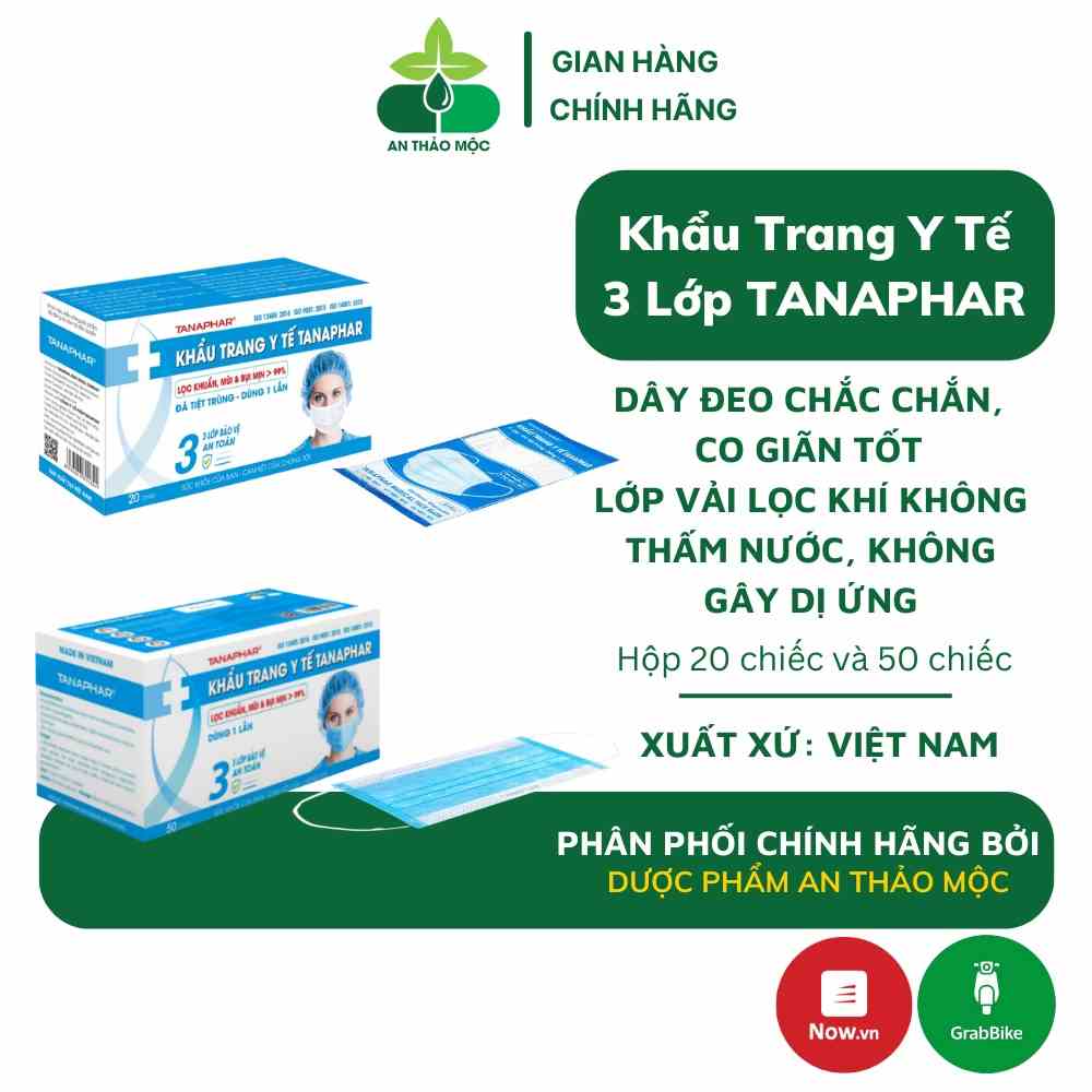 Khẩu trang y tế 3 lớp TANAPHAR không thấm nước không độc hại co giãn tốt lọc khí ngăn cản khói bụi hiệu quả