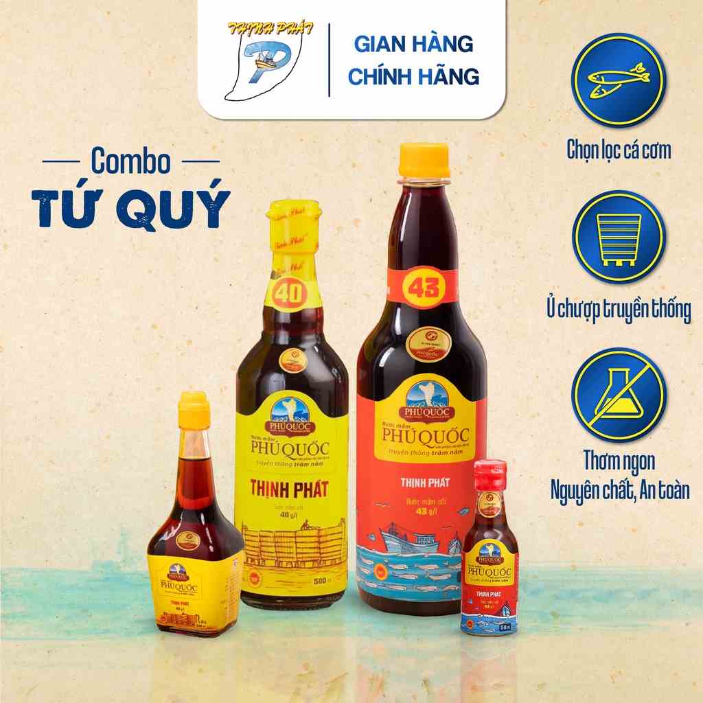 COMBO Tứ Quý nước mắm truyền thống Phú Quốc THỊNH PHÁT- chai thuỷ tinh 500ml- chai thuỷ tinh 200ml-  chai 50ml- chai 650