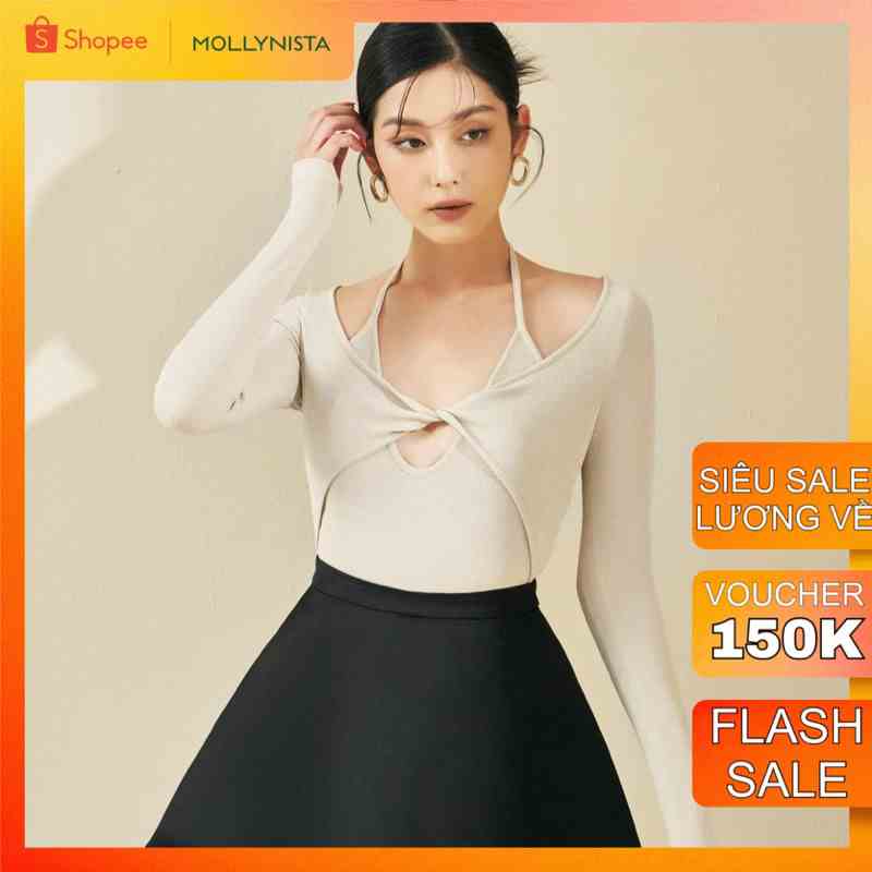 MOLLYNISTA - Áo Fifi thun tăm xoắn ngực cut out tay dài quyến rũ nữ tính thiết kế cao cấp đi chơi đi tiệc gợi cảm