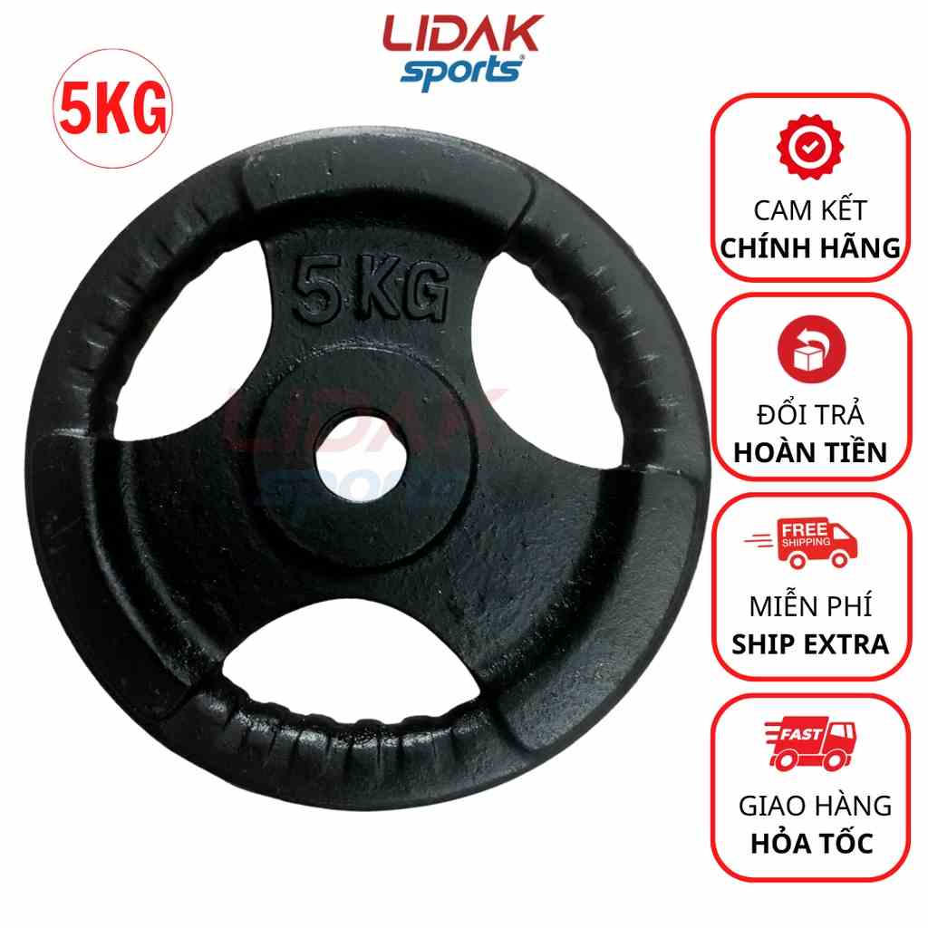 Tạ gang 5kg, bánh tạ tập gym lỗ phi 30 đúc nguyên khối được sử lý bề mặt trước khi sơn - LIDAK SPORT