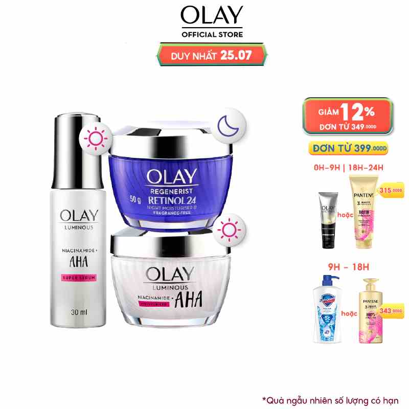 Combo 3: Kem Dưỡng OLAY REGENERIST RETINOL 50G, Kem Dưỡng & Serum Sáng Da OLAY LUMINOUS AHA 50G + 30ML