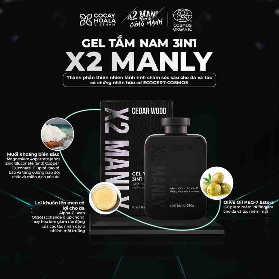 Gel Tắm Nam X2Manly 3n1 Cocayhoala - Sữa tắm gội toàn thân hương nước hoa nam tính - Dung tích 320g