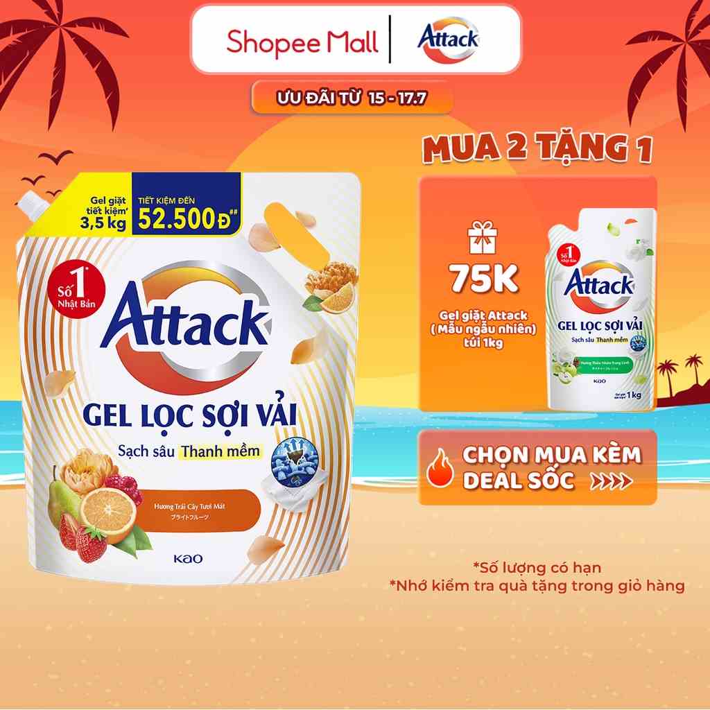 [GIẢM 50K ĐƠN 300K] Gel Giặt Attack Hương Trái Cây Tươi Mát Túi 3.5Kg