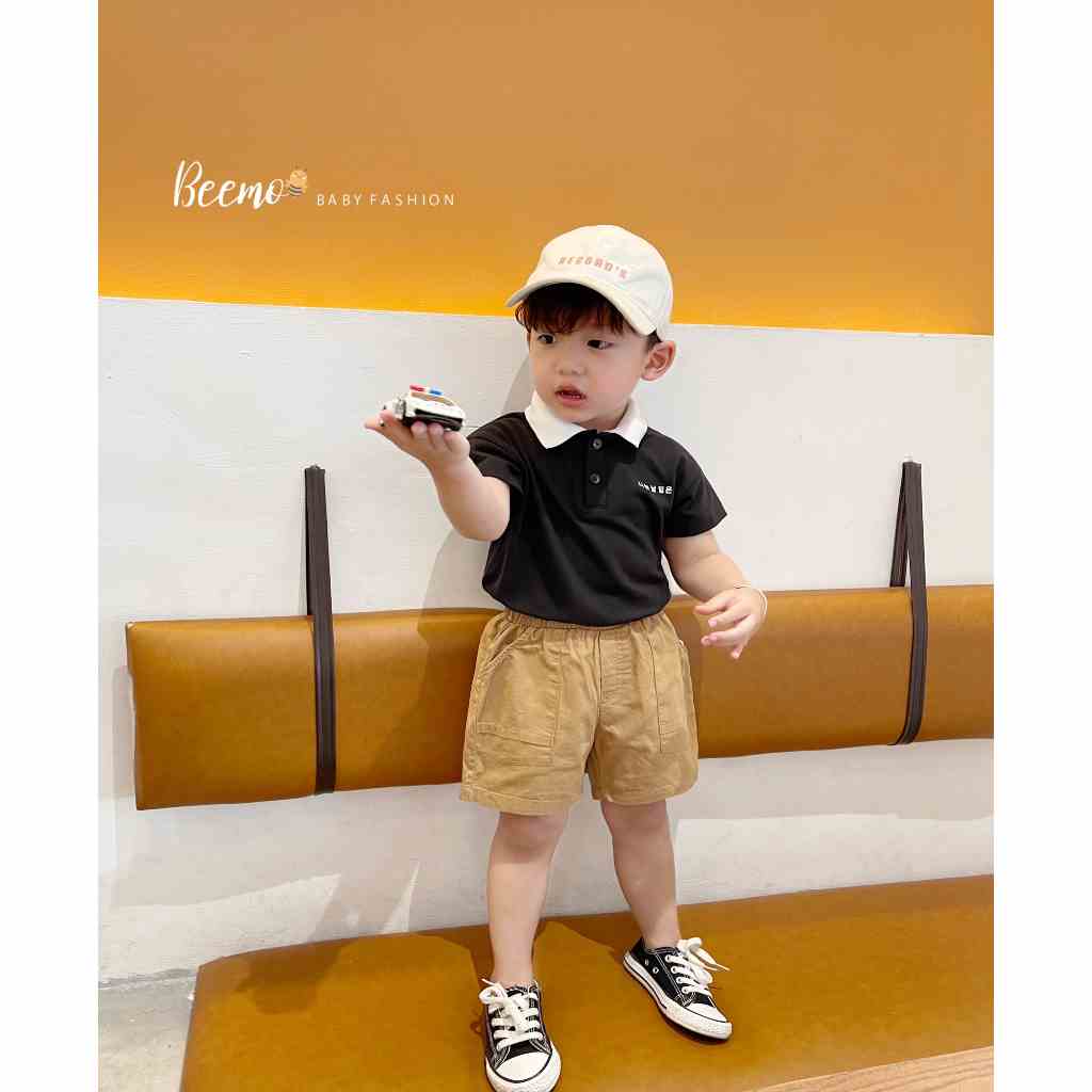 Set bộ quần áo Beemo cổ polo in chữ Hàn Quốc trước ngực chất liệu cotton cá sấu mềm mát mặc hè cho bé 1 - 7 tuổi 23171B