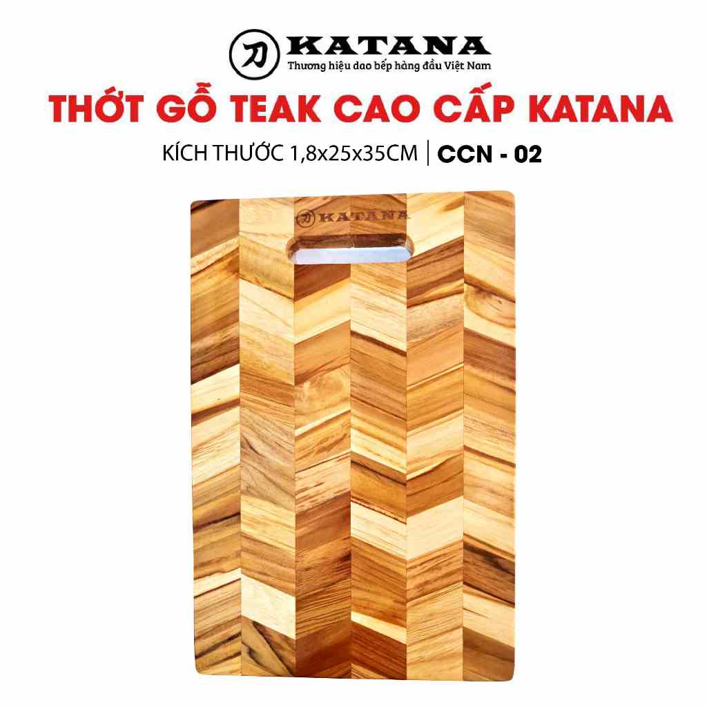 [Mẫu mới 2023] Thớt gỗ teak cao cấp KATANA Ghép chéo hình xương cá kháng khuẩn đảm bảo VSATTP - Size to (18x250x350mm)