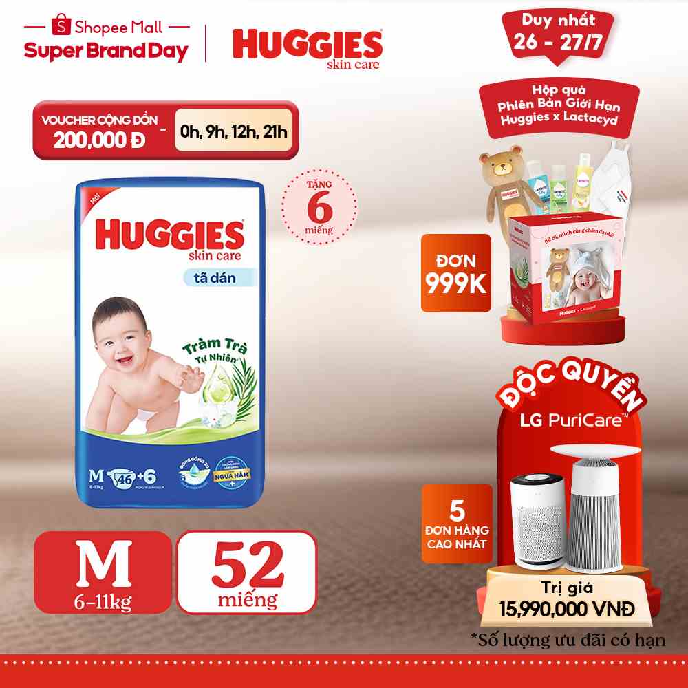 Tã dán Huggies Skincare Super Jumbo M76+6/ L68/ XL60/ XXL54