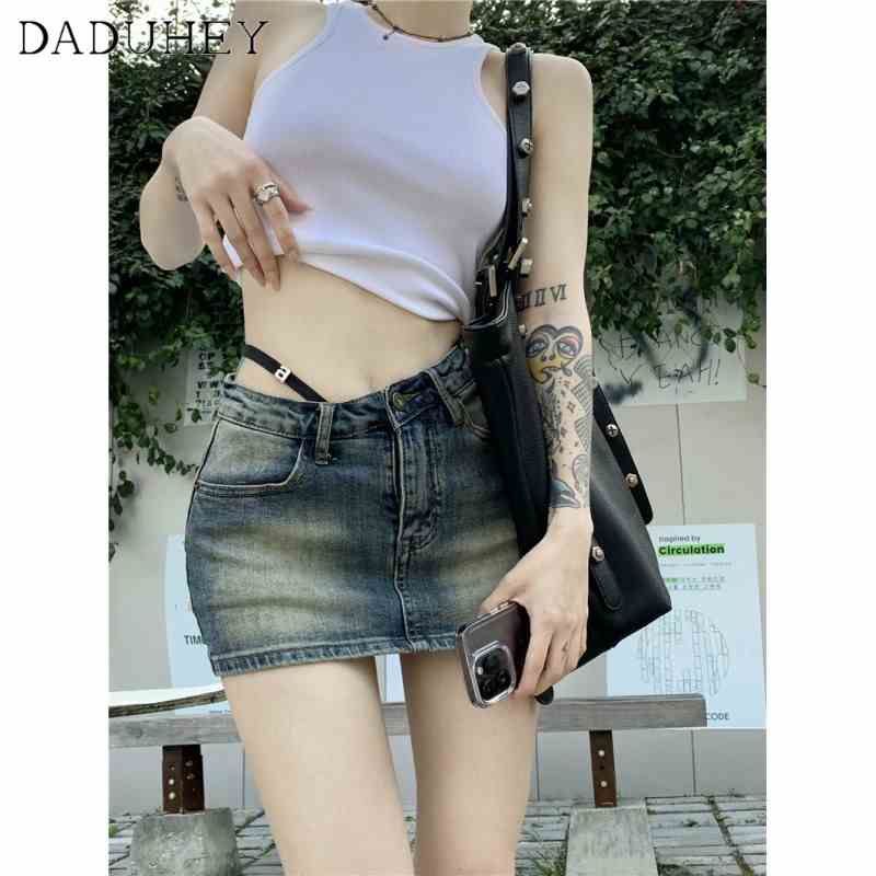 Chân váy denim DADUHEY ôm hông phối túi size lớn kiểu chữ A cạp cao họa tiết vệt vàng retro thời trang kiểu Mỹ