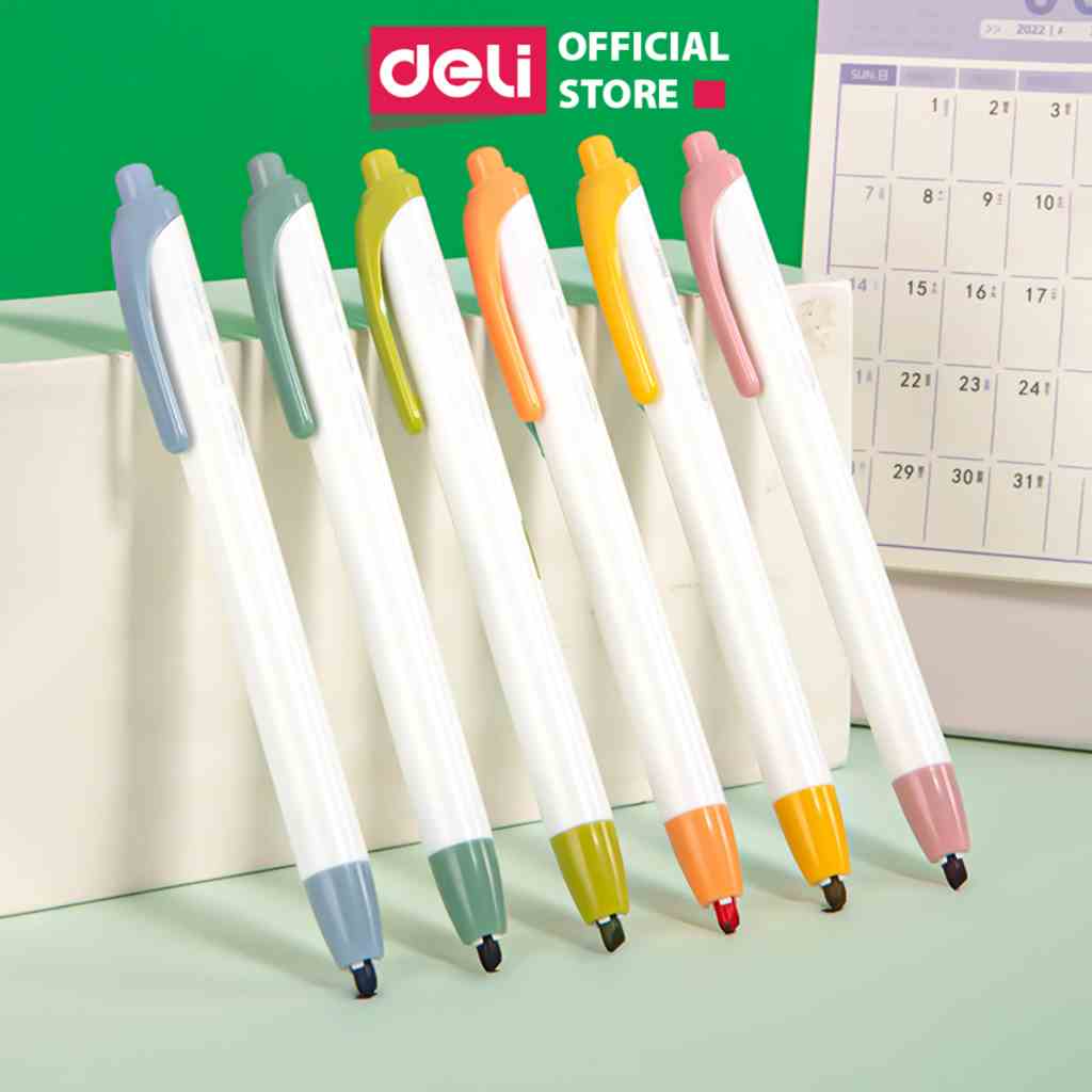 Set 6 bút highlight dạng bấm nhớ dòng đánh dấu màu pastel tươi sáng cute Deli dạ quang tiện lợi cho học sinh văn phòng