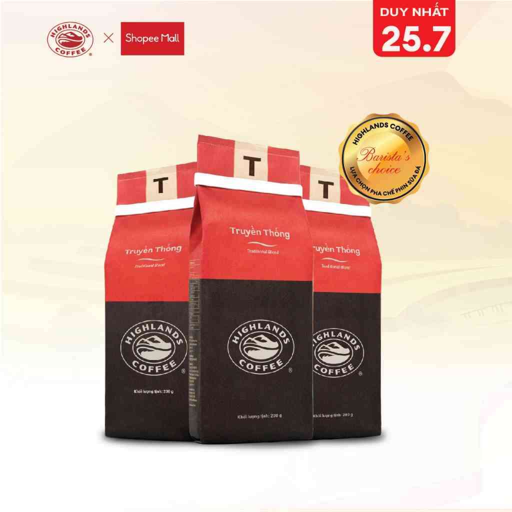 Combo 3 gói Cà phê rang xay Truyền thống Highlands Coffee 200g