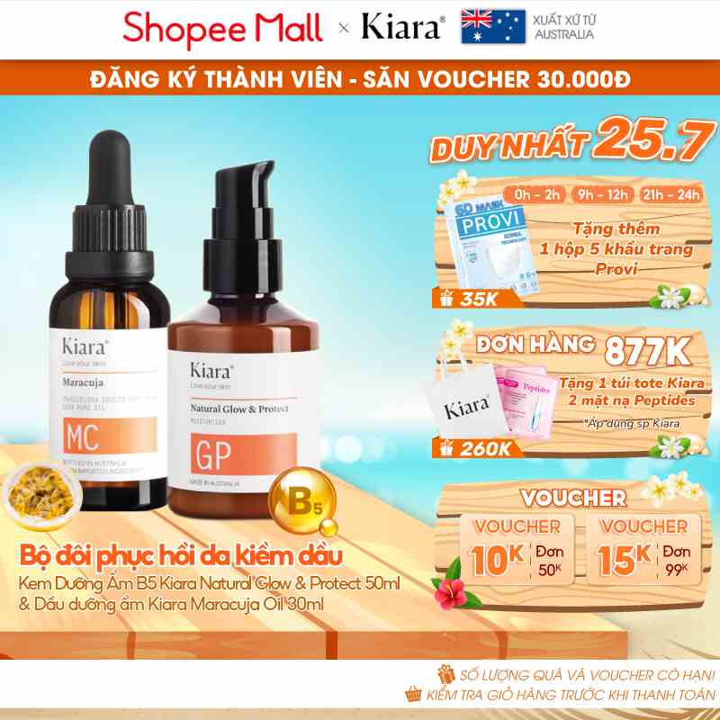 Bộ đôi phục hồi da kiềm dầu Kem Dưỡng Ẩm B5 Kiara Natural Glow & Protect 50ml & Dầu dưỡng ẩm Kiara Maracuja Oil 30ml