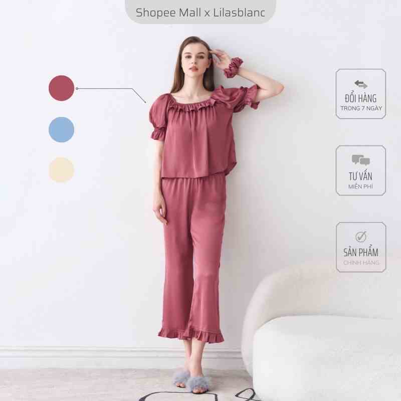 Bộ Pyjamas Nữ Mặc Nhà Áo Cộc Quần Dài Chất Liệu Lụa Thiết Kế Tay Bồng Phối Cổ Viền Bèo Màu Hồng Đậm Clara LILAS BLANC