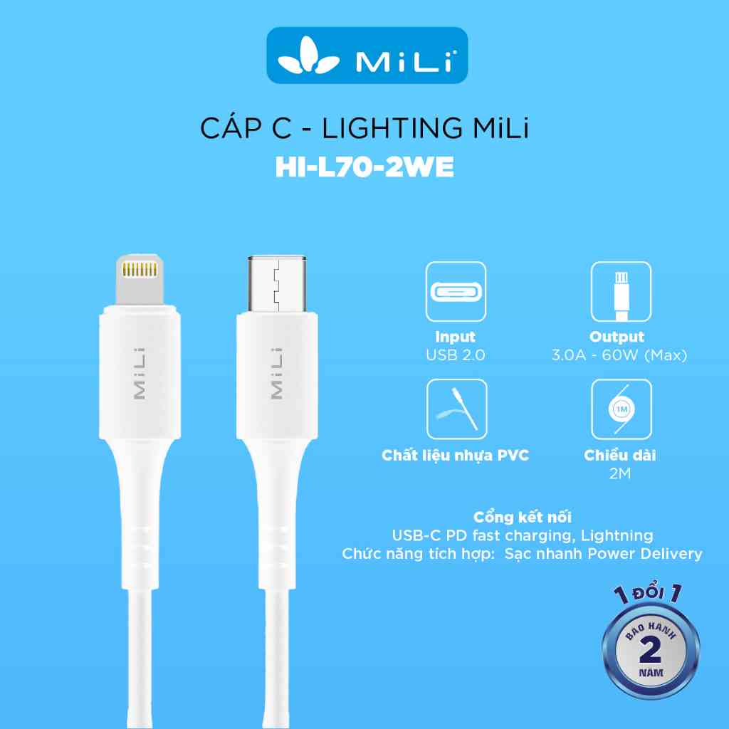 [Mã BMLTB35 giảm đến 35K đơn 99K] Cáp sạc type C to Li - 2m MiLi - HI-L70-2