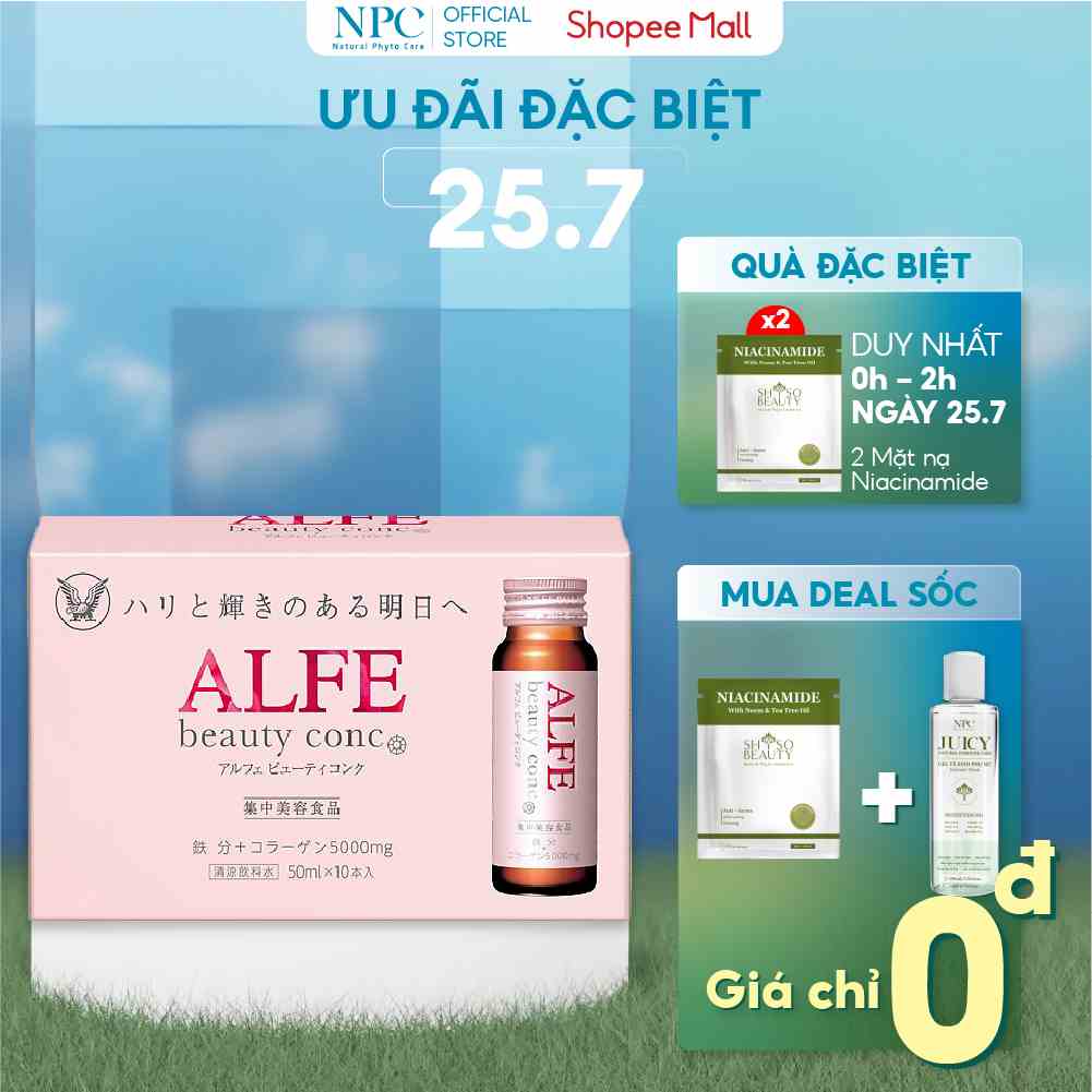 Hộp 10 chai Collagen nội địa Nhật Bản Alfe Beauty Conc - Peptided Collagen cô đặc 5000mg làm căng mịn da - 50ml/chai