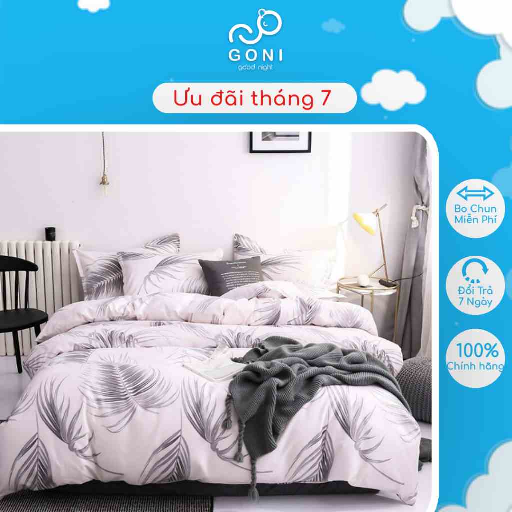 Bộ Chăn Ga Gối Cotton Tici GONI Họa Tiết Lá Cọ Nền Trắng Ánh Hồng Drap Giường Đủ Kích Thước Trải Nệm Không Kèm Ruột