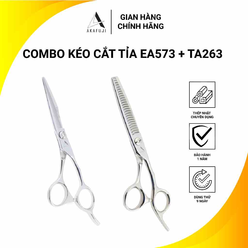 Combo 2 kéo cắt tỉa AKAFUJI, kéo cắt size 5.57 lưỡi thẳng EA573, kéo tỉa chuôi offset TA263